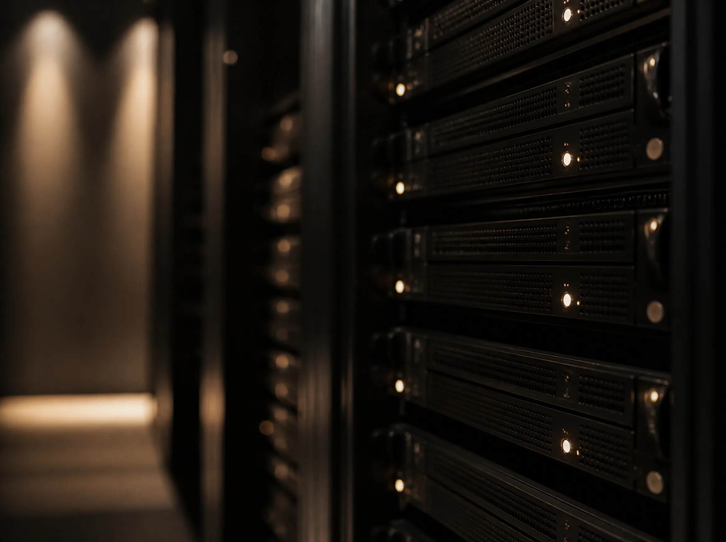 Matte black server blades with warm status lights in a dim rack room