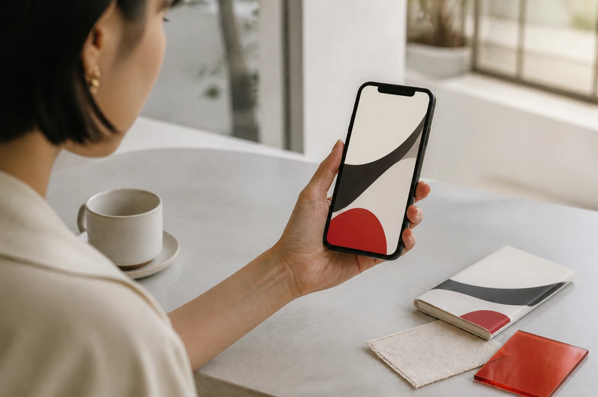 A customer holds a phone showing an unbranded red, black and ivory interface