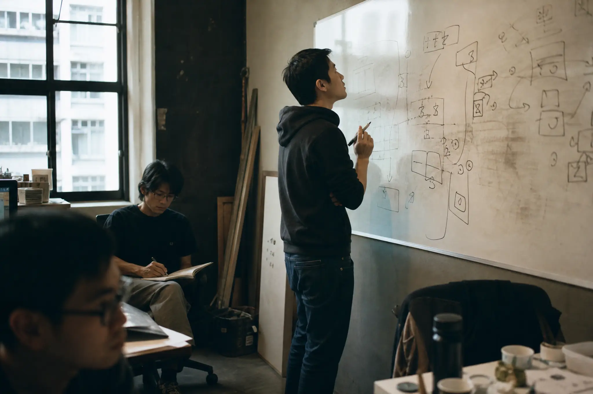Strategist mapping an interface flow on a studio whiteboard