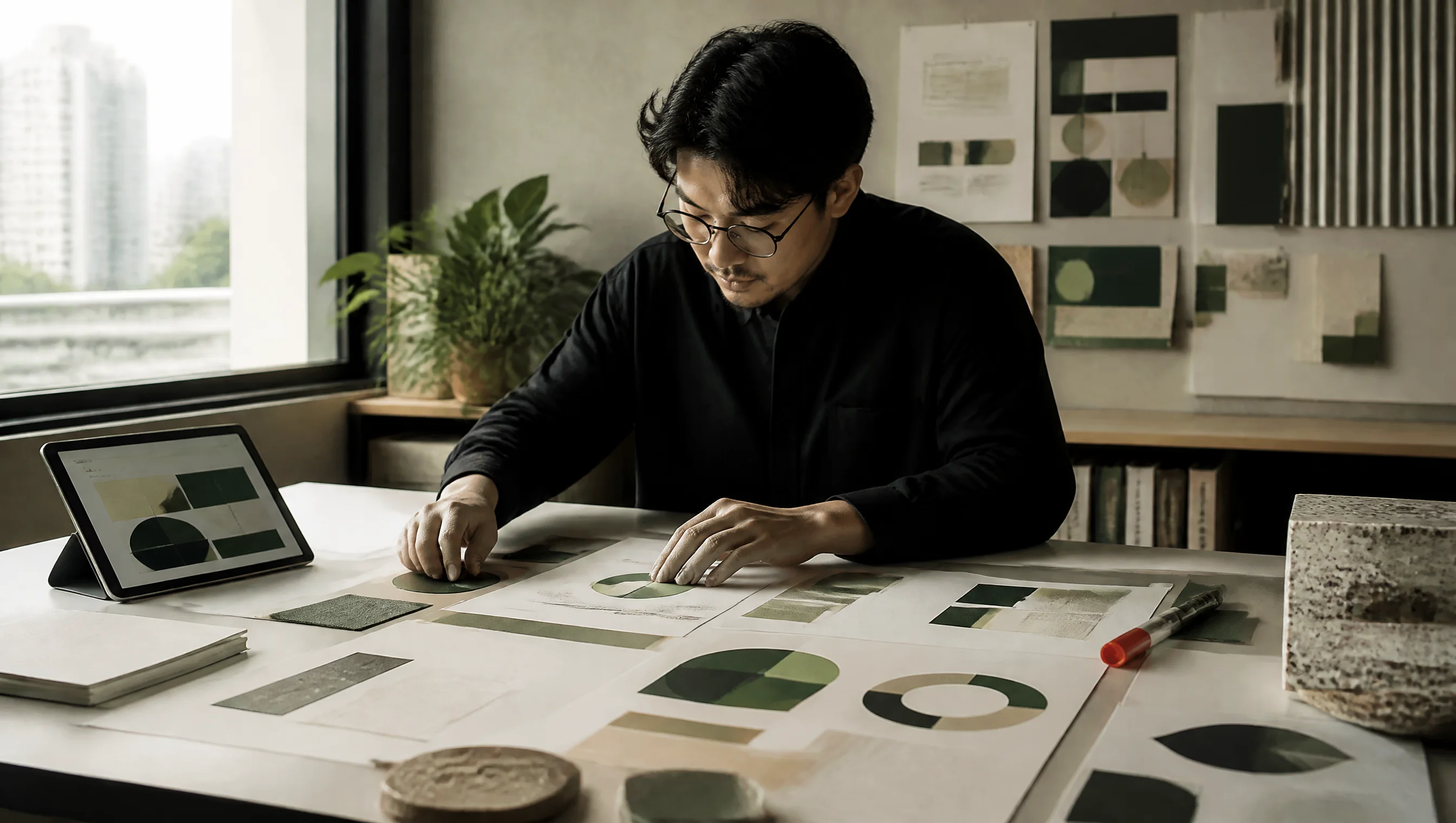An information designer organizing sustainability data and a digital report