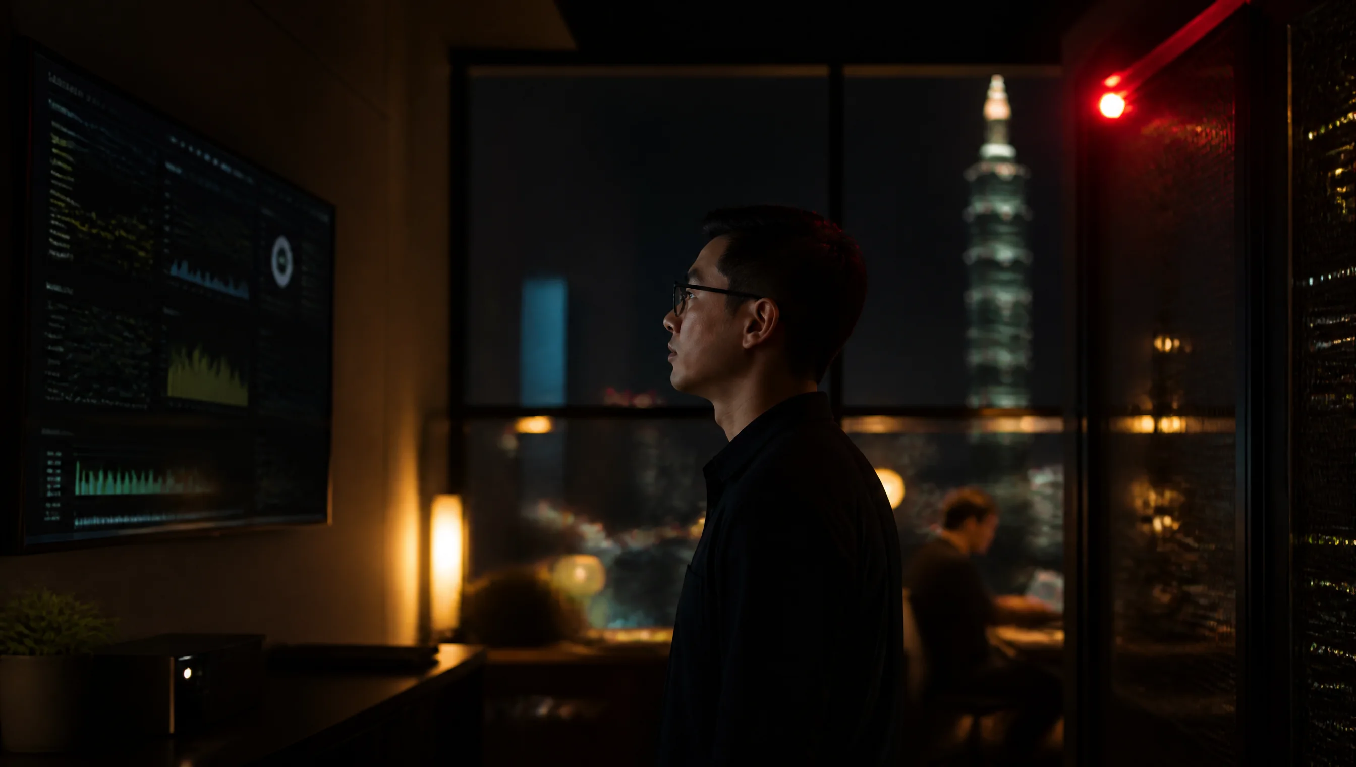 An operations specialist reviewing infrastructure dashboards beside server racks
