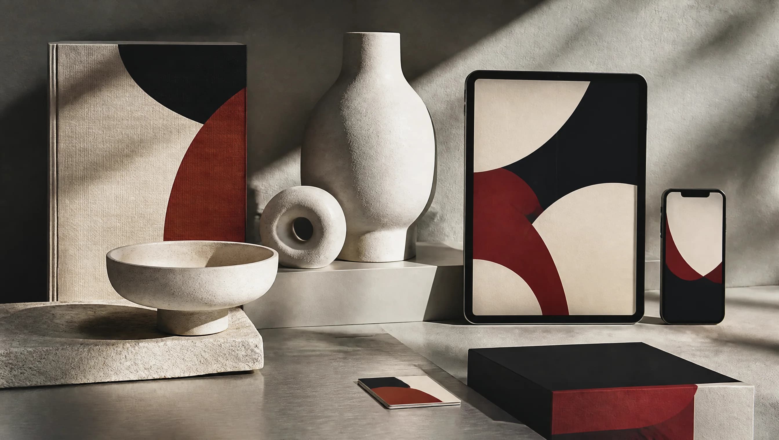 Conceptual commerce workspace with unbranded products and a mobile storefront