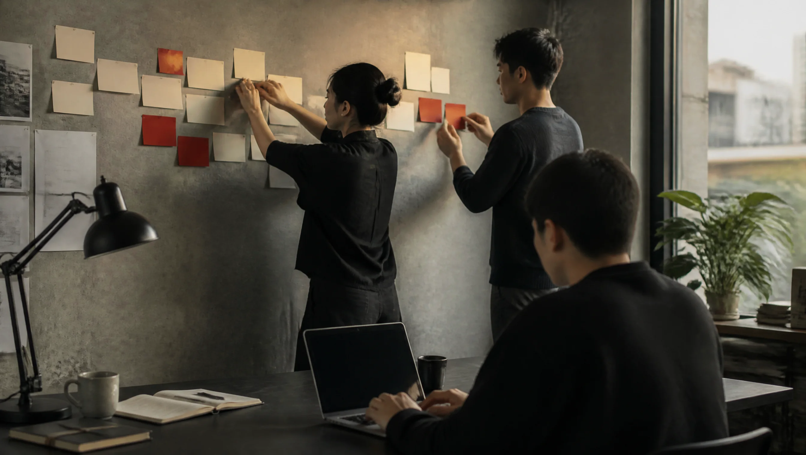 A design and development team planning monthly work at a project wall