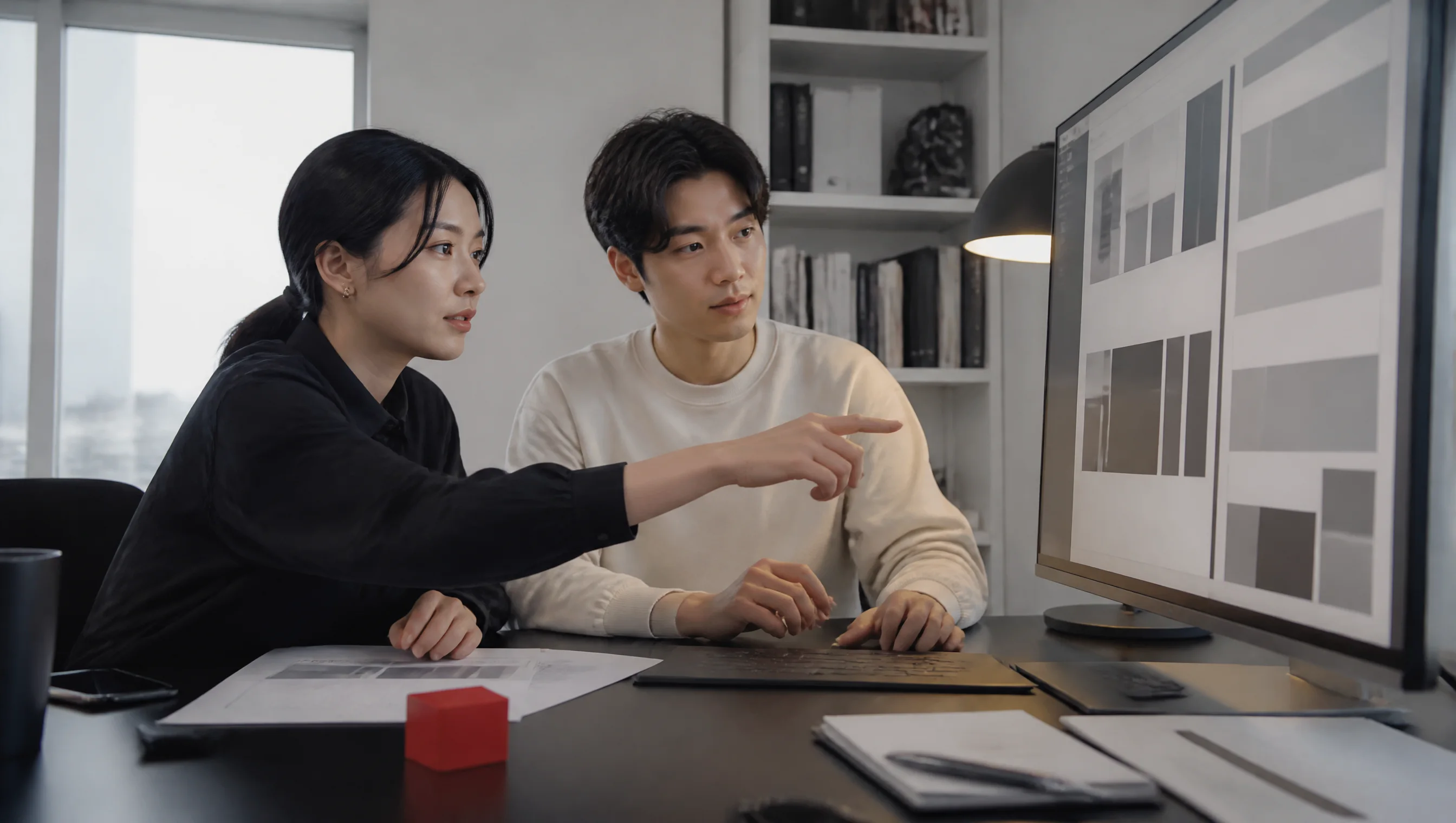 A designer and engineer reviewing a Webflow build together