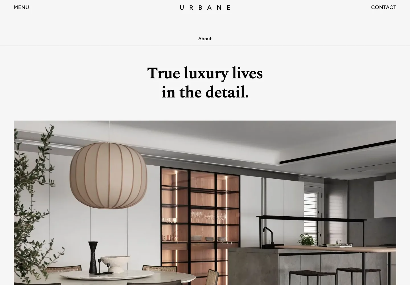 珥本 About 頁面以 True luxury lives in the detail 主張與大幅廚房空間影像開場