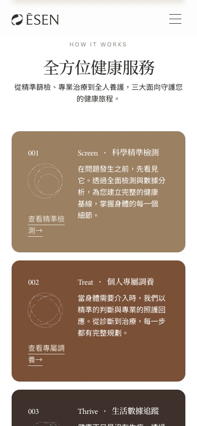 Mobile view of ĒSEN Medical's three-stage care service cards