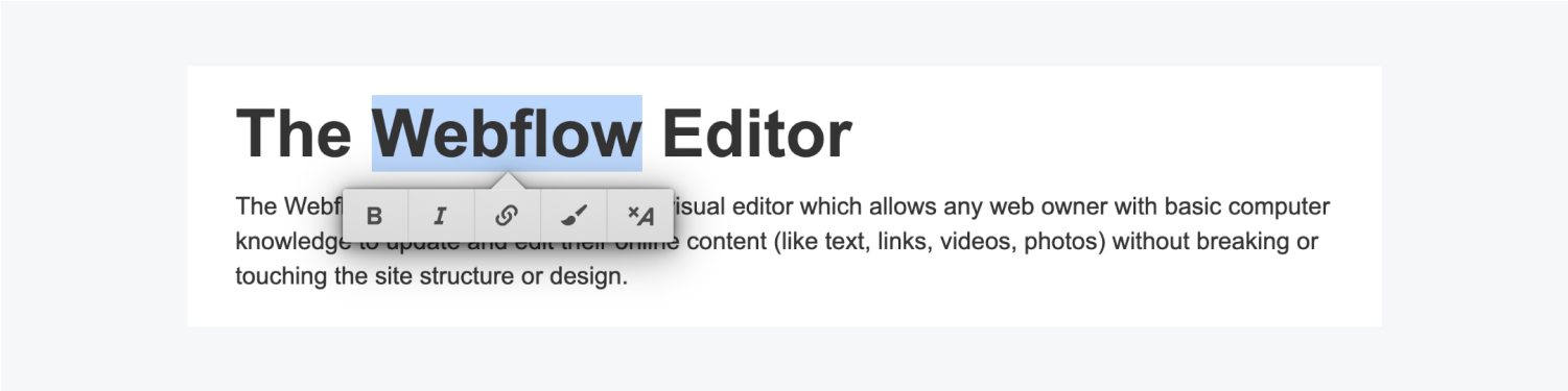 webflow 編輯器通過突出顯示文本來編輯文本格式