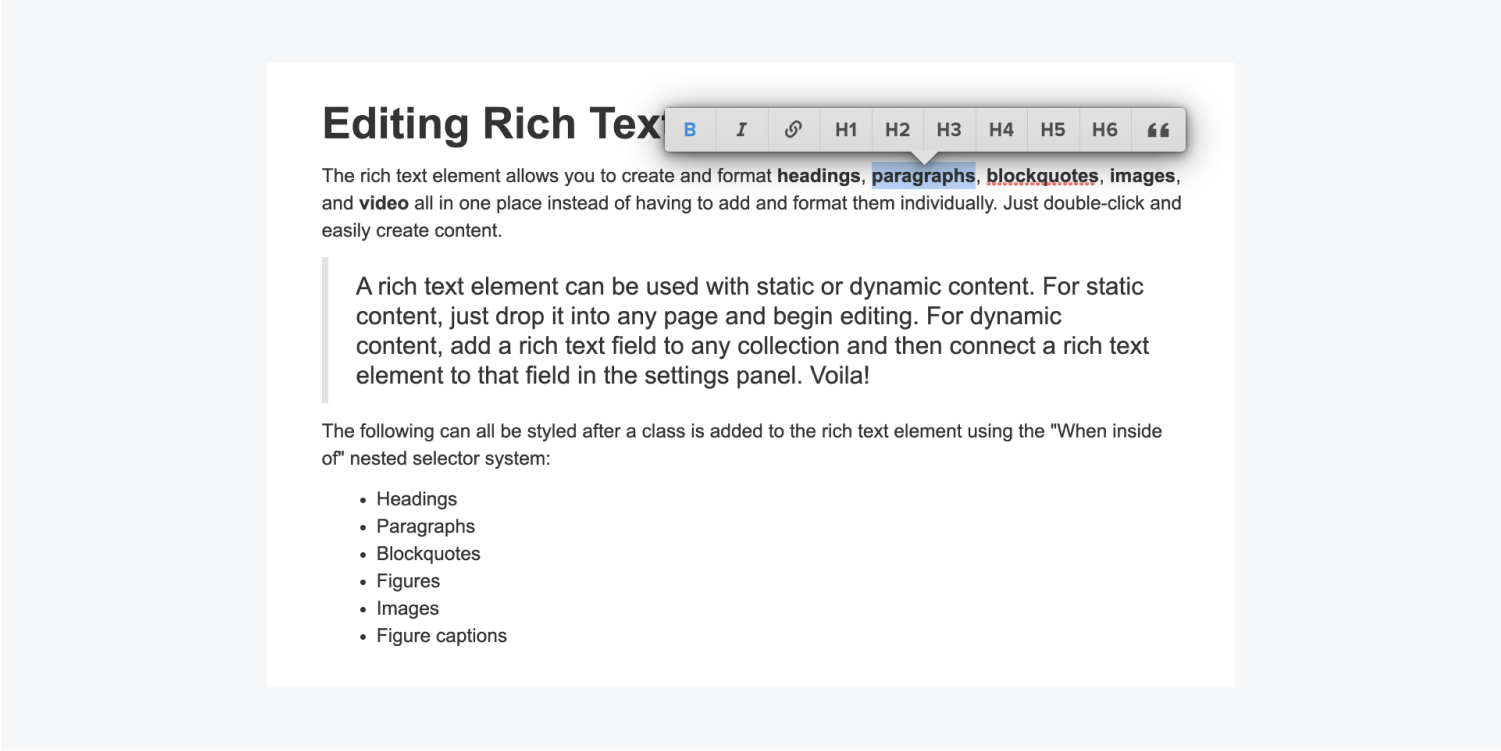 webflow 編輯器通過突出顯示文本和格式來編輯富文本