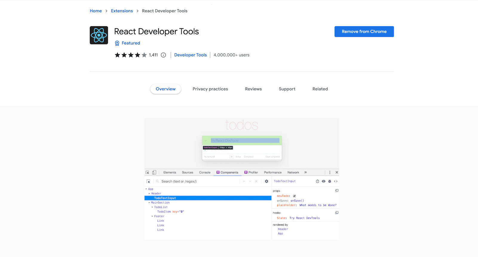 A screenshot of React Developer Tools chrome extension on chrome webstore