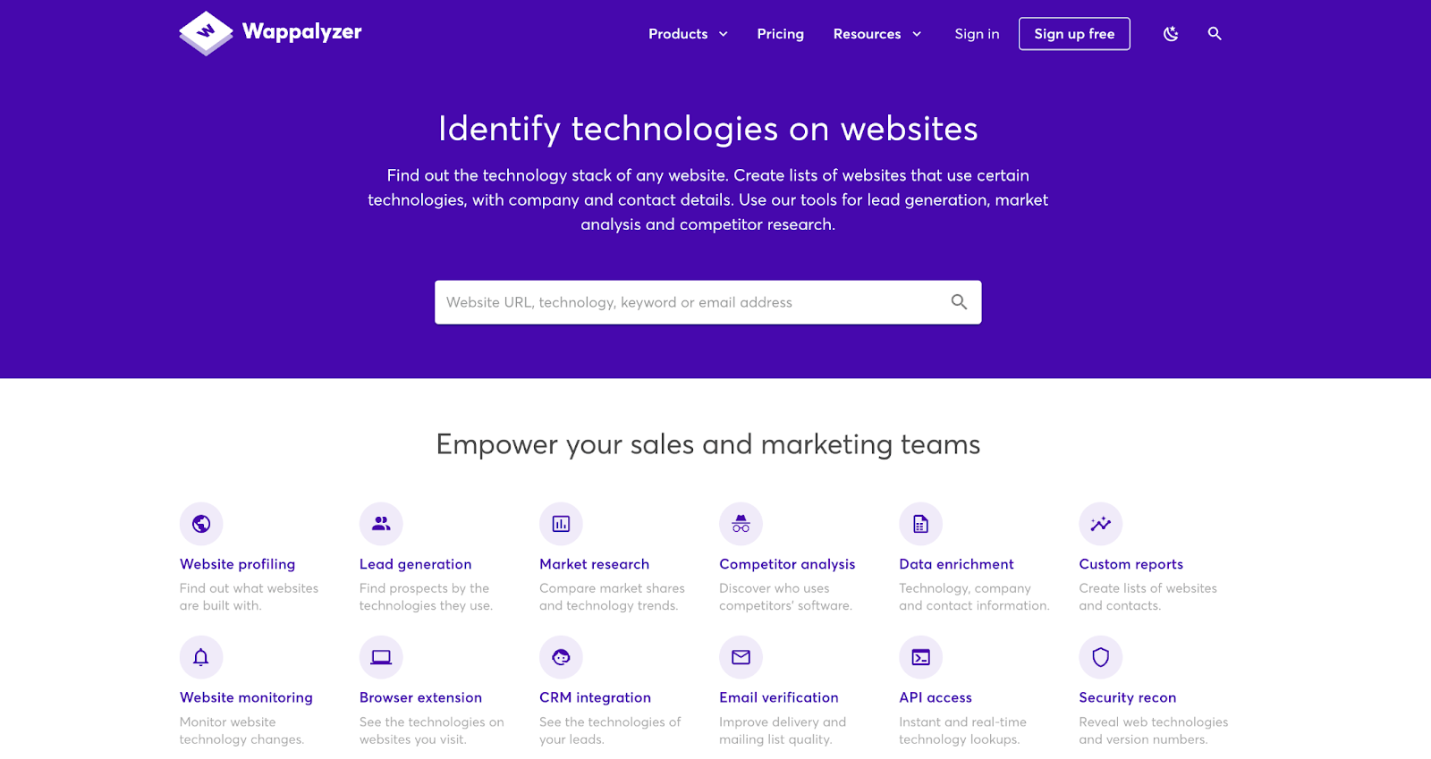 A screenshot of Wappalyzer homepage, a Chrome extension useful for web designers and developers