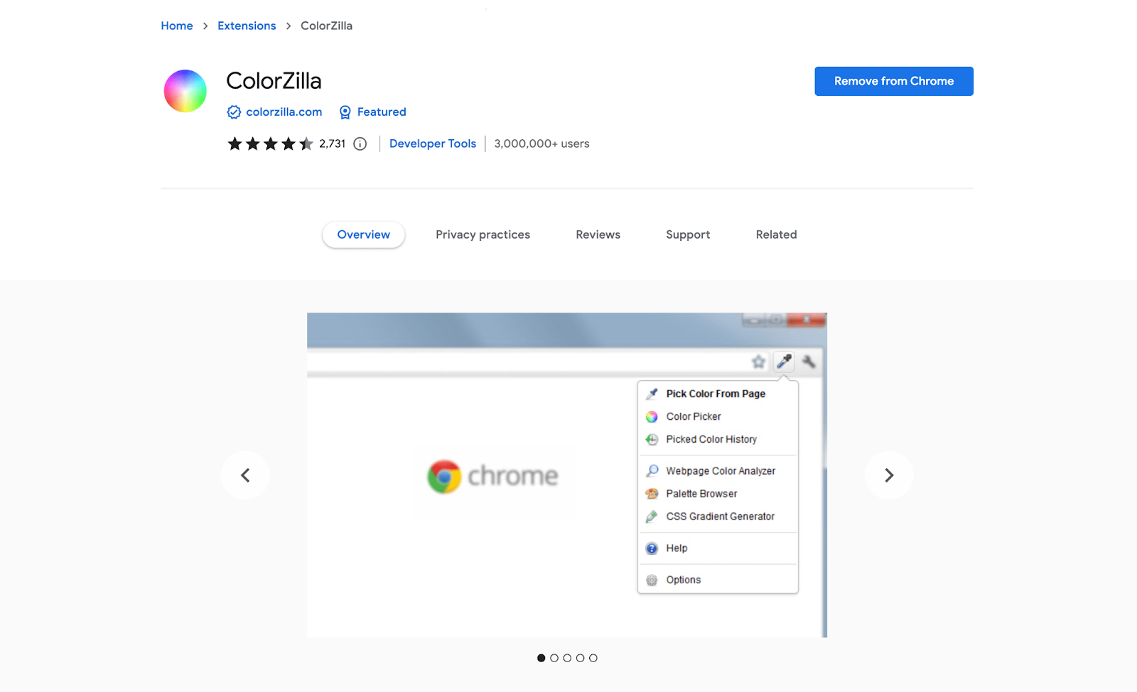 A screenshot of Colorzilla extension from the chrome webstore page