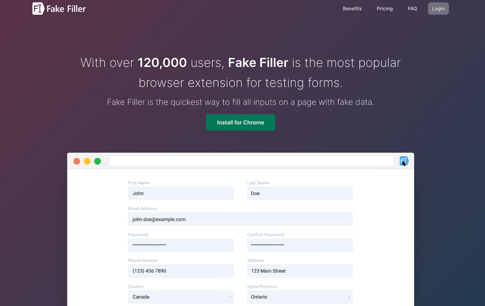 A screenshot of Fake Filler homepage- a chrome extension for filling blank forms on pages