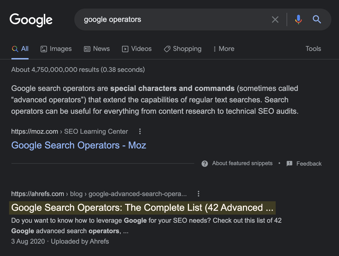 我們在 'google search operators' 的排名位置